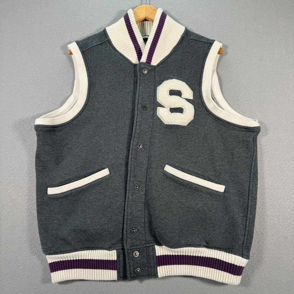 Sean John Varsity Vest Mens Large Gray Button Up Preppy Sport Embroidered Patch